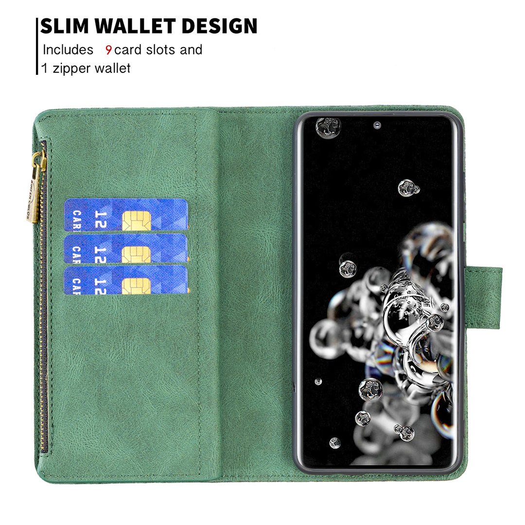 PU Leather Wallet Case for Samsung Galaxy S20 Ultra, Zipper Pocket Pattern Stand Flip Phone Cover - Green