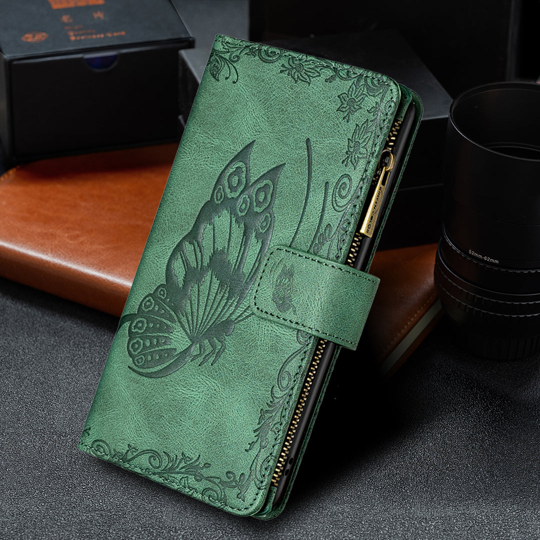 PU Leather Wallet Case for Samsung Galaxy S20 Ultra, Zipper Pocket Pattern Stand Flip Phone Cover - Green