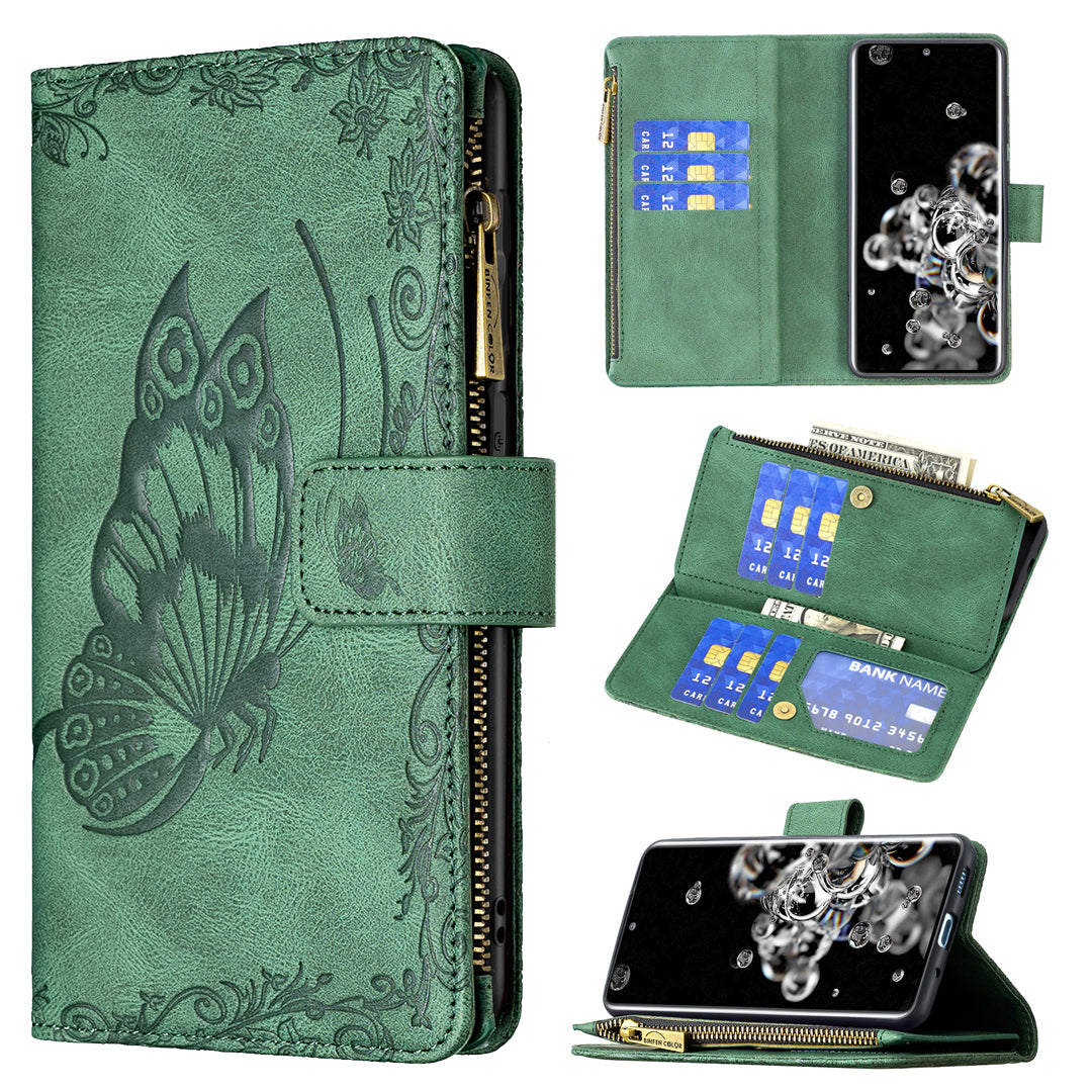 PU Leather Wallet Case for Samsung Galaxy S20 Ultra, Zipper Pocket Pattern Stand Flip Phone Cover - Green