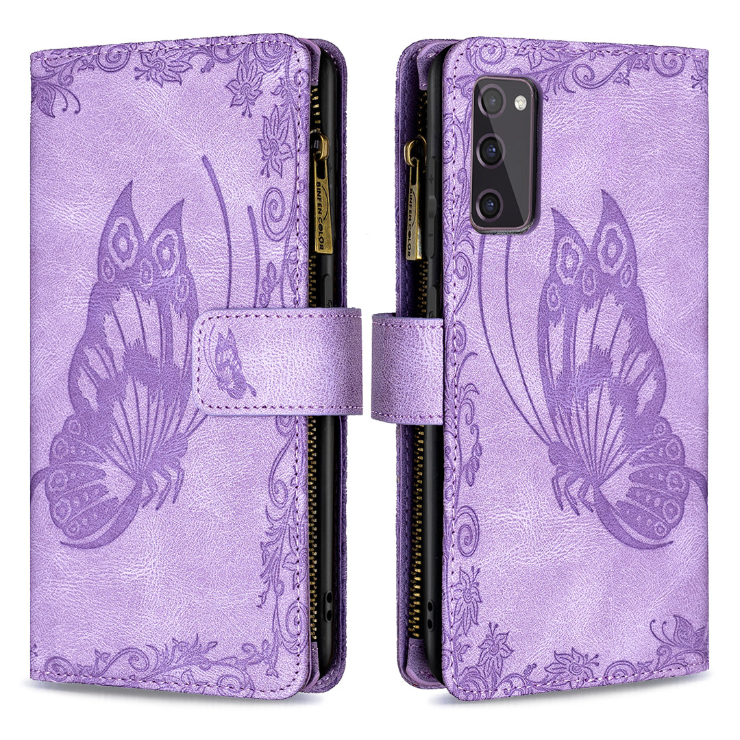 For Samsung Galaxy S20 FE 2022 / S20 FE 4G / S20 FE 5G / S20 Lite Phone Case Zipper Pocket PU Leather Pattern Wallet Stand Cover - Purple