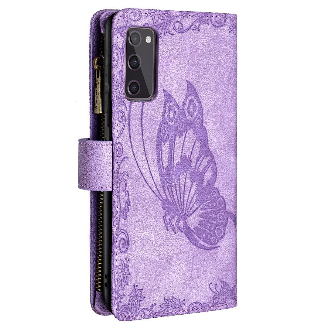 For Samsung Galaxy S20 FE 2022 / S20 FE 4G / S20 FE 5G / S20 Lite Phone Case Zipper Pocket PU Leather Pattern Wallet Stand Cover - Purple