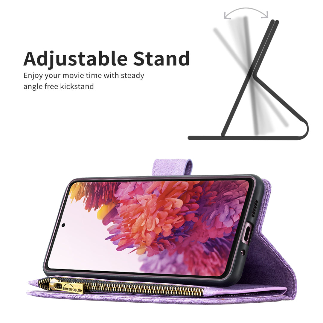 For Samsung Galaxy S20 FE 2022 / S20 FE 4G / S20 FE 5G / S20 Lite Phone Case Zipper Pocket PU Leather Pattern Wallet Stand Cover - Purple