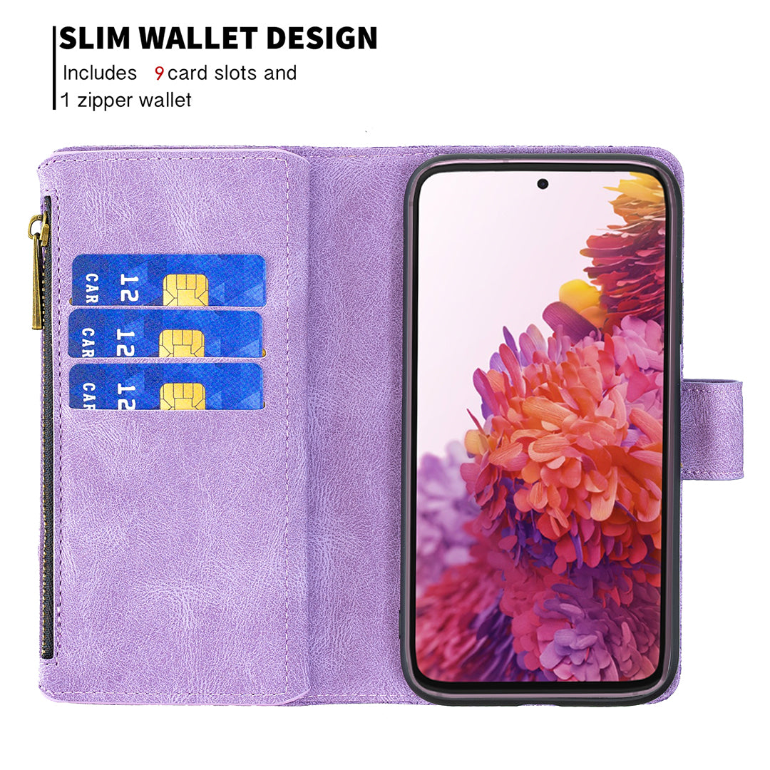 For Samsung Galaxy S20 FE 2022 / S20 FE 4G / S20 FE 5G / S20 Lite Phone Case Zipper Pocket PU Leather Pattern Wallet Stand Cover - Purple