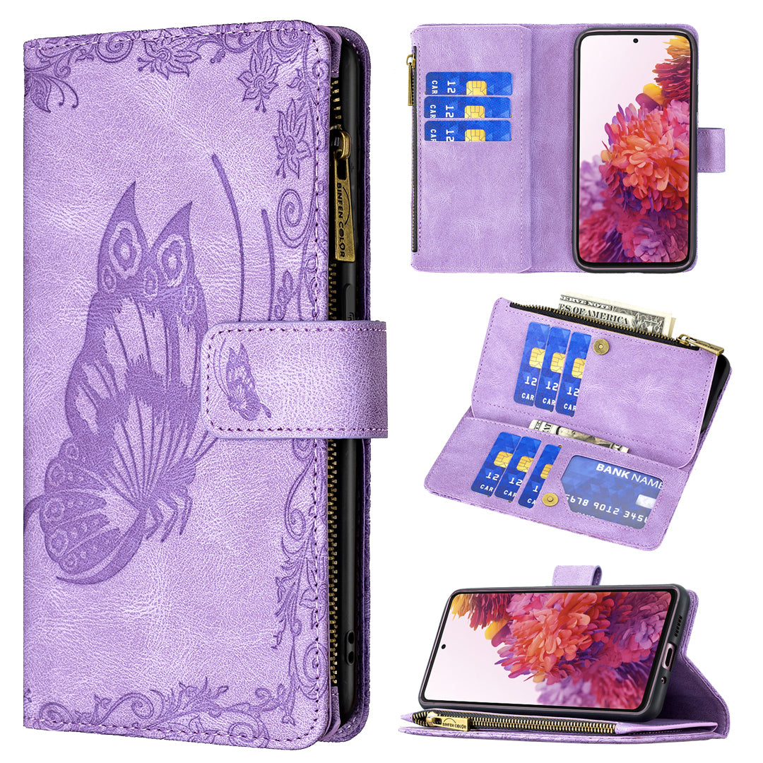 For Samsung Galaxy S20 FE 2022 / S20 FE 4G / S20 FE 5G / S20 Lite Phone Case Zipper Pocket PU Leather Pattern Wallet Stand Cover - Purple