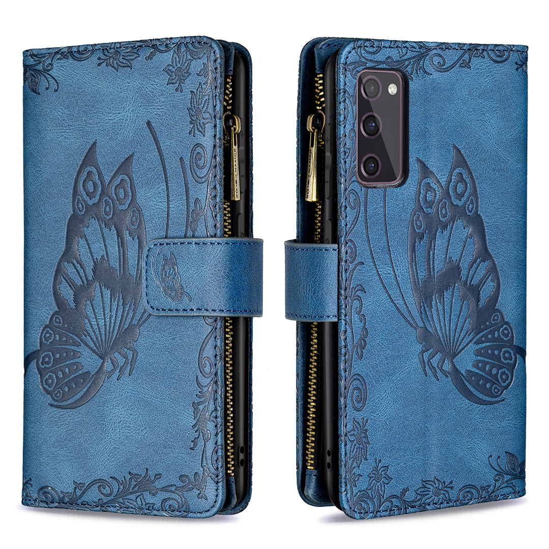 For Samsung Galaxy S20 FE 2022 / S20 FE 4G / S20 FE 5G / S20 Lite Phone Case Zipper Pocket PU Leather Pattern Wallet Stand Cover - Blue