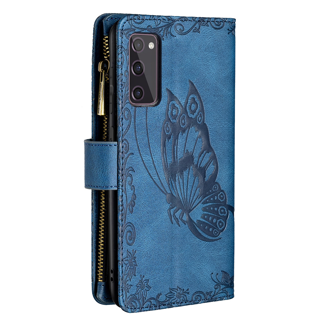 For Samsung Galaxy S20 FE 2022 / S20 FE 4G / S20 FE 5G / S20 Lite Phone Case Zipper Pocket PU Leather Pattern Wallet Stand Cover - Blue