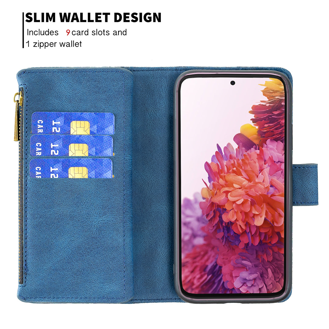 For Samsung Galaxy S20 FE 2022 / S20 FE 4G / S20 FE 5G / S20 Lite Phone Case Zipper Pocket PU Leather Pattern Wallet Stand Cover - Blue