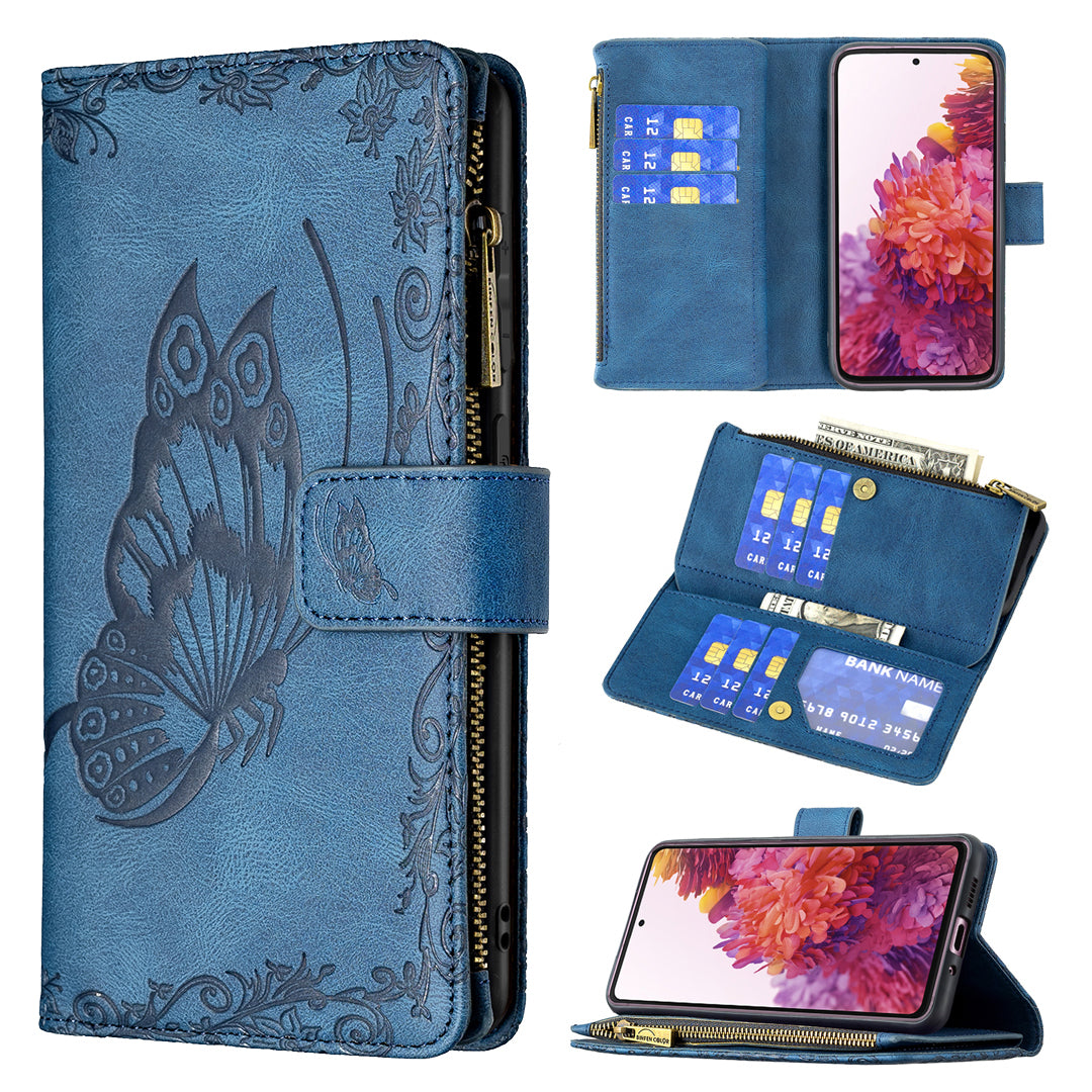 For Samsung Galaxy S20 FE 2022 / S20 FE 4G / S20 FE 5G / S20 Lite Phone Case Zipper Pocket PU Leather Pattern Wallet Stand Cover - Blue