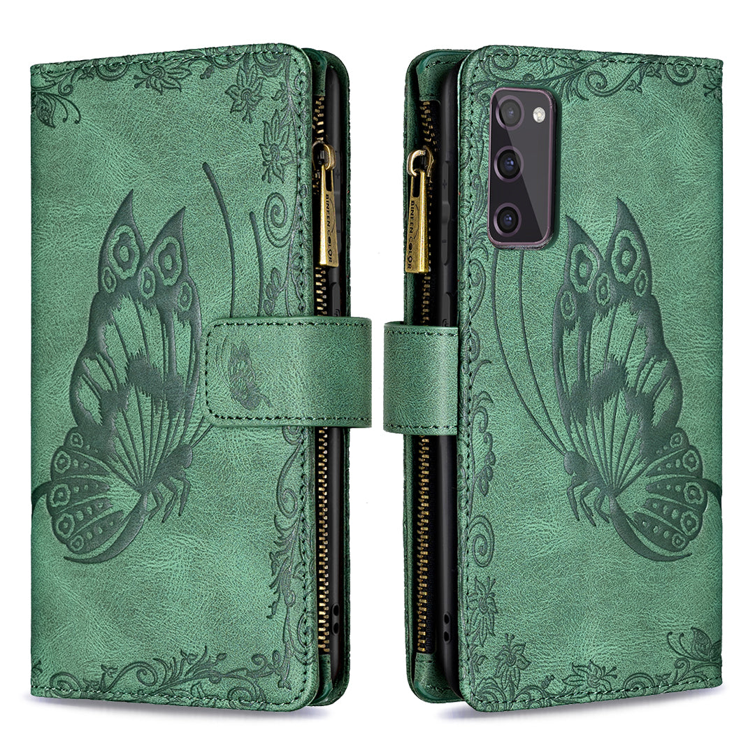 For Samsung Galaxy S20 FE 2022 / S20 FE 4G / S20 FE 5G / S20 Lite Phone Case Zipper Pocket PU Leather Pattern Wallet Stand Cover - Green