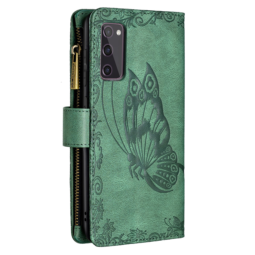 For Samsung Galaxy S20 FE 2022 / S20 FE 4G / S20 FE 5G / S20 Lite Phone Case Zipper Pocket PU Leather Pattern Wallet Stand Cover - Green