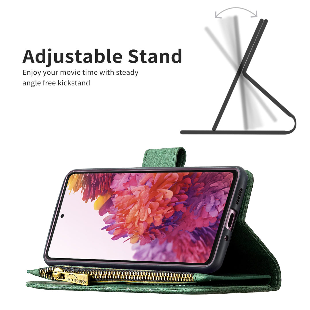 For Samsung Galaxy S20 FE 2022 / S20 FE 4G / S20 FE 5G / S20 Lite Phone Case Zipper Pocket PU Leather Pattern Wallet Stand Cover - Green