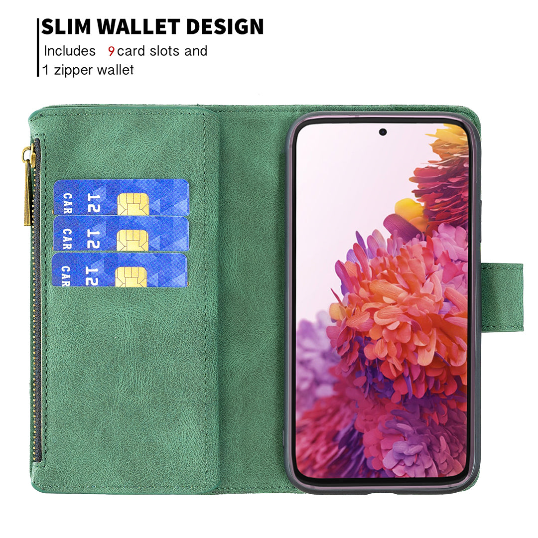 For Samsung Galaxy S20 FE 2022 / S20 FE 4G / S20 FE 5G / S20 Lite Phone Case Zipper Pocket PU Leather Pattern Wallet Stand Cover - Green