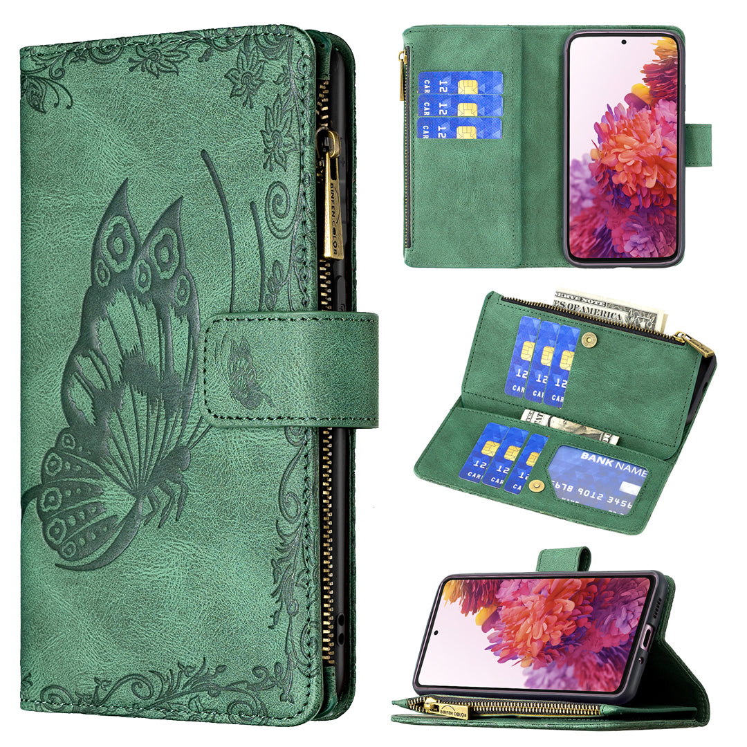 For Samsung Galaxy S20 FE 2022 / S20 FE 4G / S20 FE 5G / S20 Lite Phone Case Zipper Pocket PU Leather Pattern Wallet Stand Cover - Green