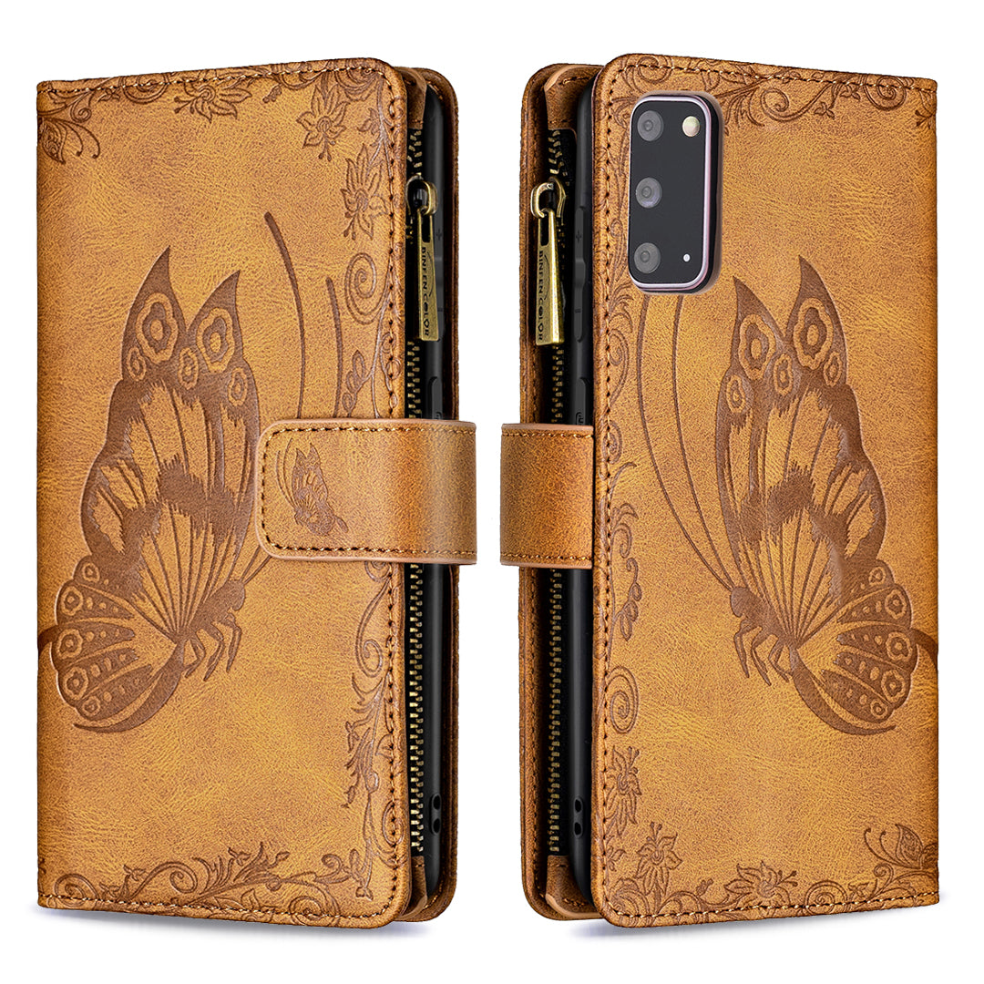 For Samsung Galaxy S20 4G / S20 5G Pattern Leather Phone Case Zipper Pocket Wallet Stand Flip Cover - Brown