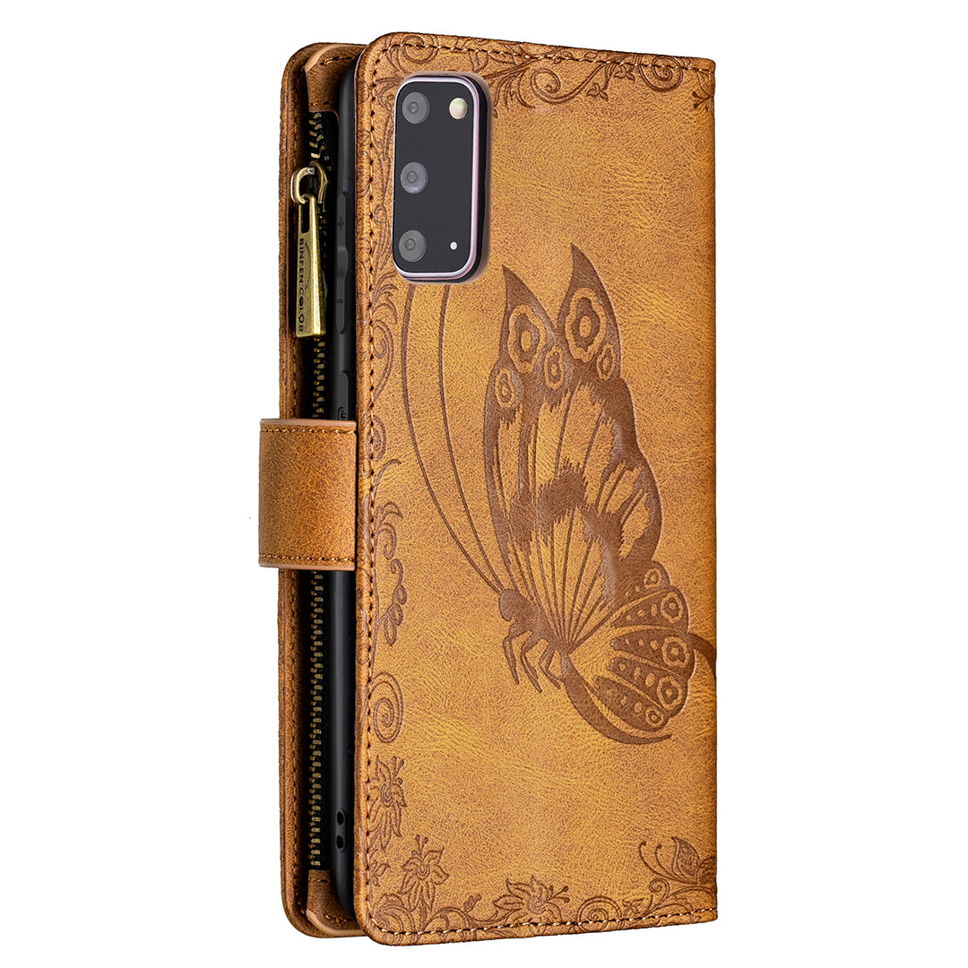 For Samsung Galaxy S20 4G / S20 5G Pattern Leather Phone Case Zipper Pocket Wallet Stand Flip Cover - Brown