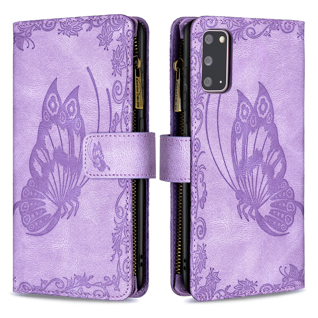 For Samsung Galaxy S20 4G / S20 5G Pattern Leather Phone Case Zipper Pocket Wallet Stand Flip Cover - Purple