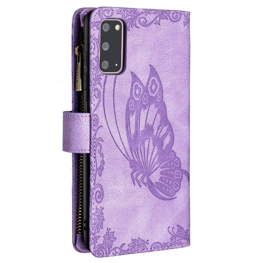 For Samsung Galaxy S20 4G / S20 5G Pattern Leather Phone Case Zipper Pocket Wallet Stand Flip Cover - Purple