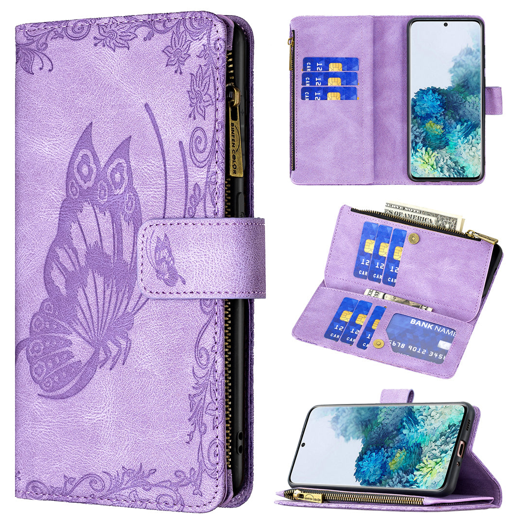 For Samsung Galaxy S20 4G / S20 5G Pattern Leather Phone Case Zipper Pocket Wallet Stand Flip Cover - Purple