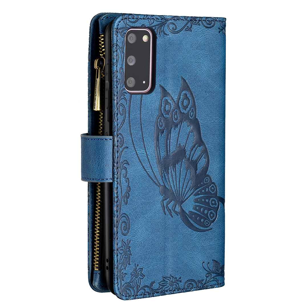 For Samsung Galaxy S20 4G / S20 5G Pattern Leather Phone Case Zipper Pocket Wallet Stand Flip Cover - Blue