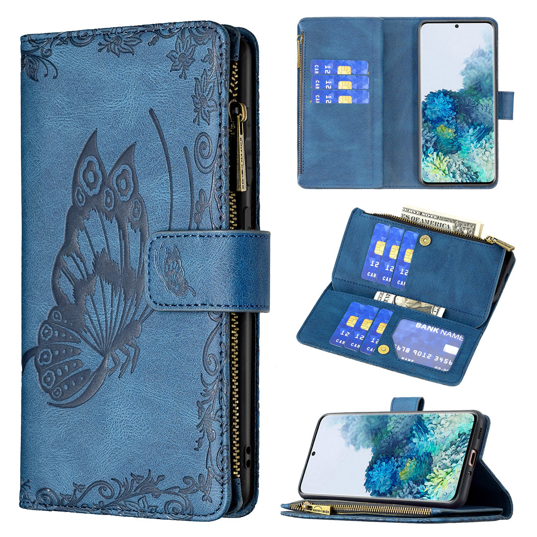 For Samsung Galaxy S20 4G / S20 5G Pattern Leather Phone Case Zipper Pocket Wallet Stand Flip Cover - Blue