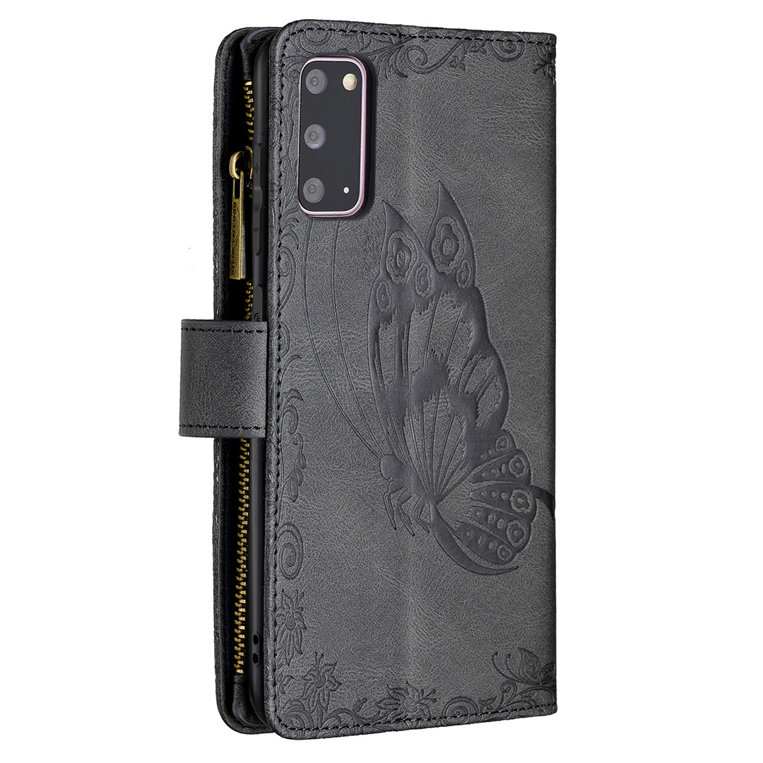 For Samsung Galaxy S20 4G / S20 5G Pattern Leather Phone Case Zipper Pocket Wallet Stand Flip Cover - Black