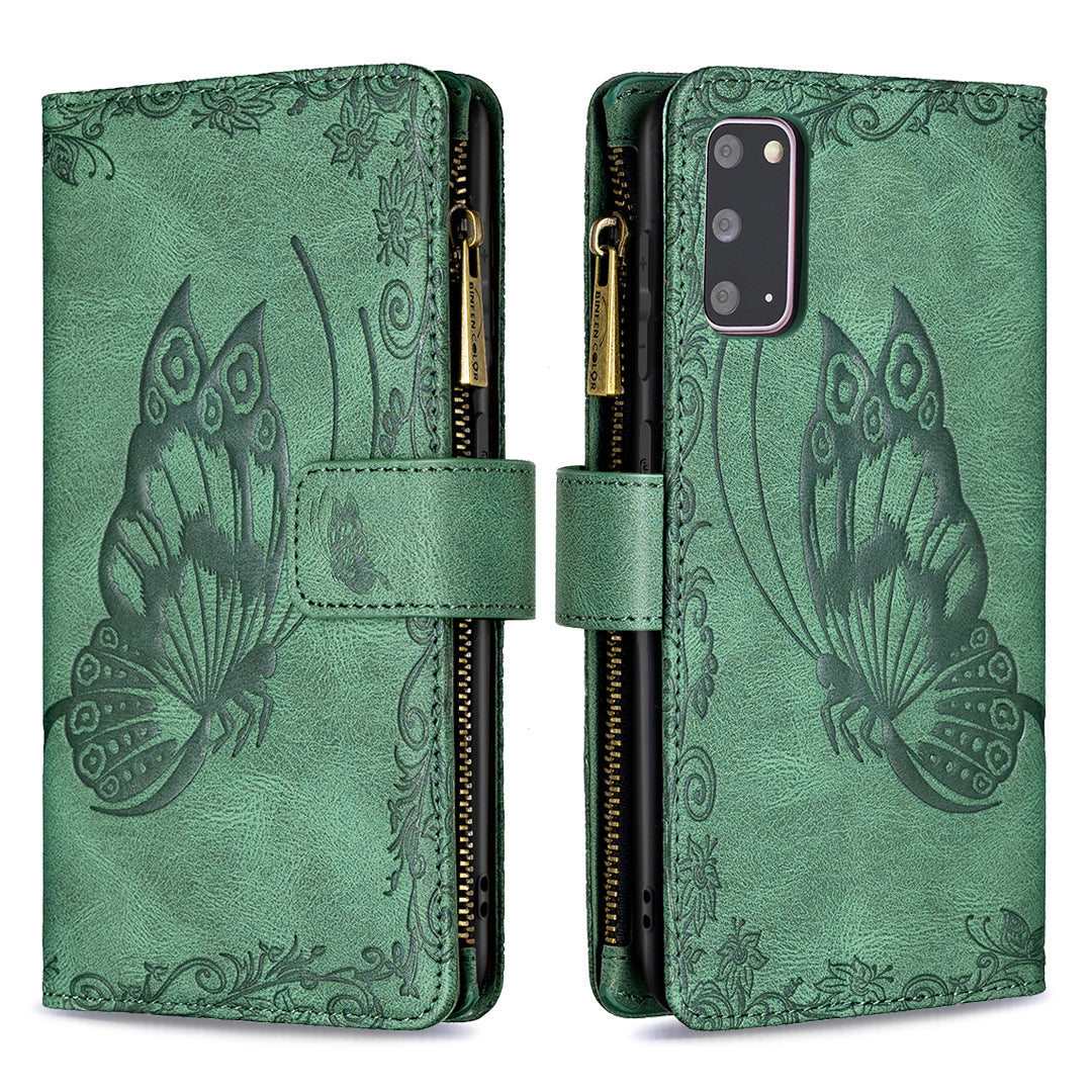 For Samsung Galaxy S20 4G / S20 5G Pattern Leather Phone Case Zipper Pocket Wallet Stand Flip Cover - Green