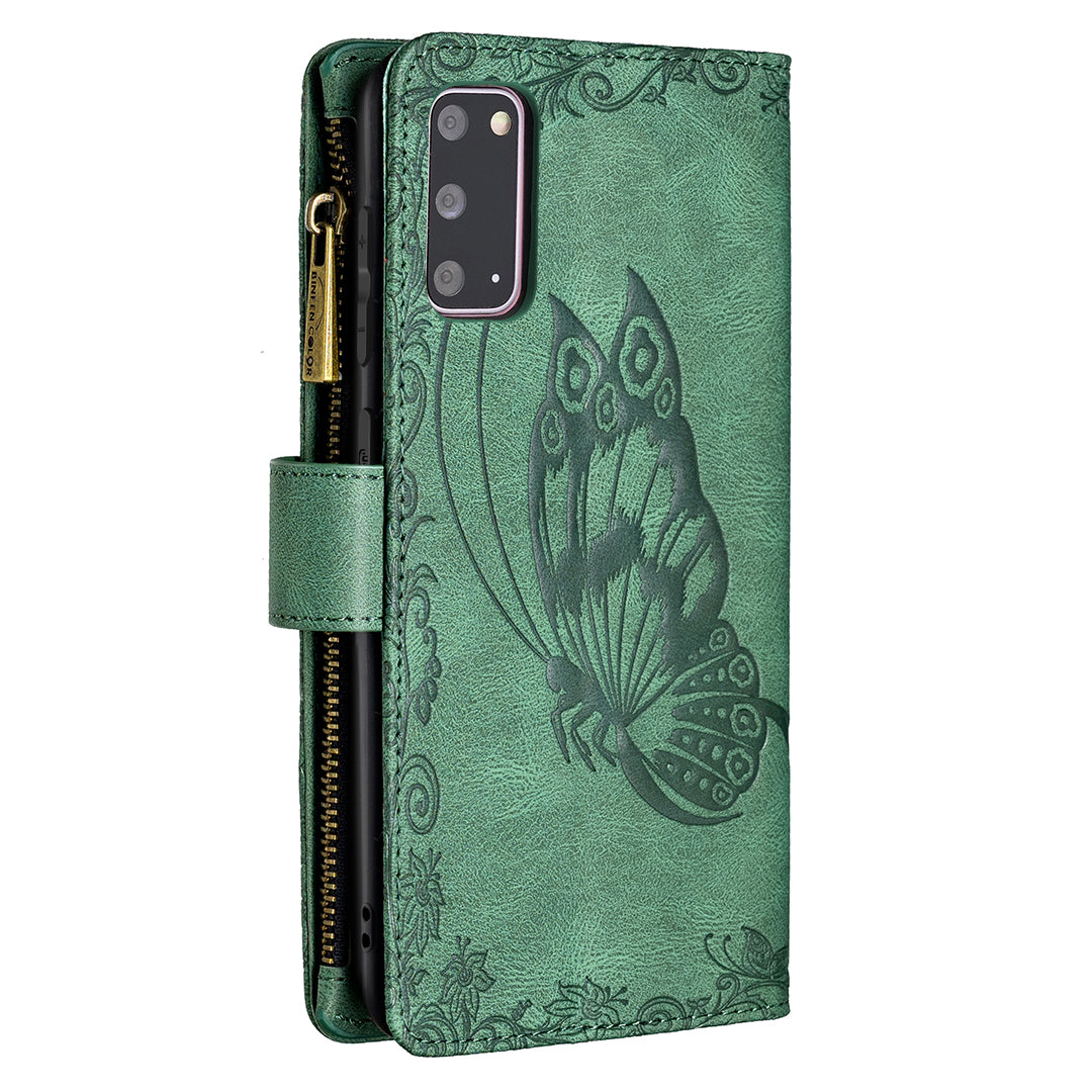 For Samsung Galaxy S20 4G / S20 5G Pattern Leather Phone Case Zipper Pocket Wallet Stand Flip Cover - Green