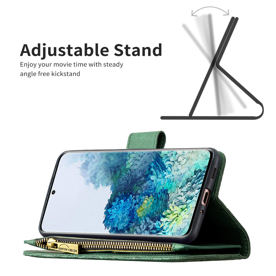 For Samsung Galaxy S20 4G / S20 5G Pattern Leather Phone Case Zipper Pocket Wallet Stand Flip Cover - Green