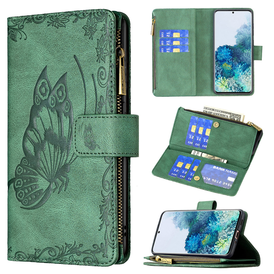 For Samsung Galaxy S20 4G / S20 5G Pattern Leather Phone Case Zipper Pocket Wallet Stand Flip Cover - Green