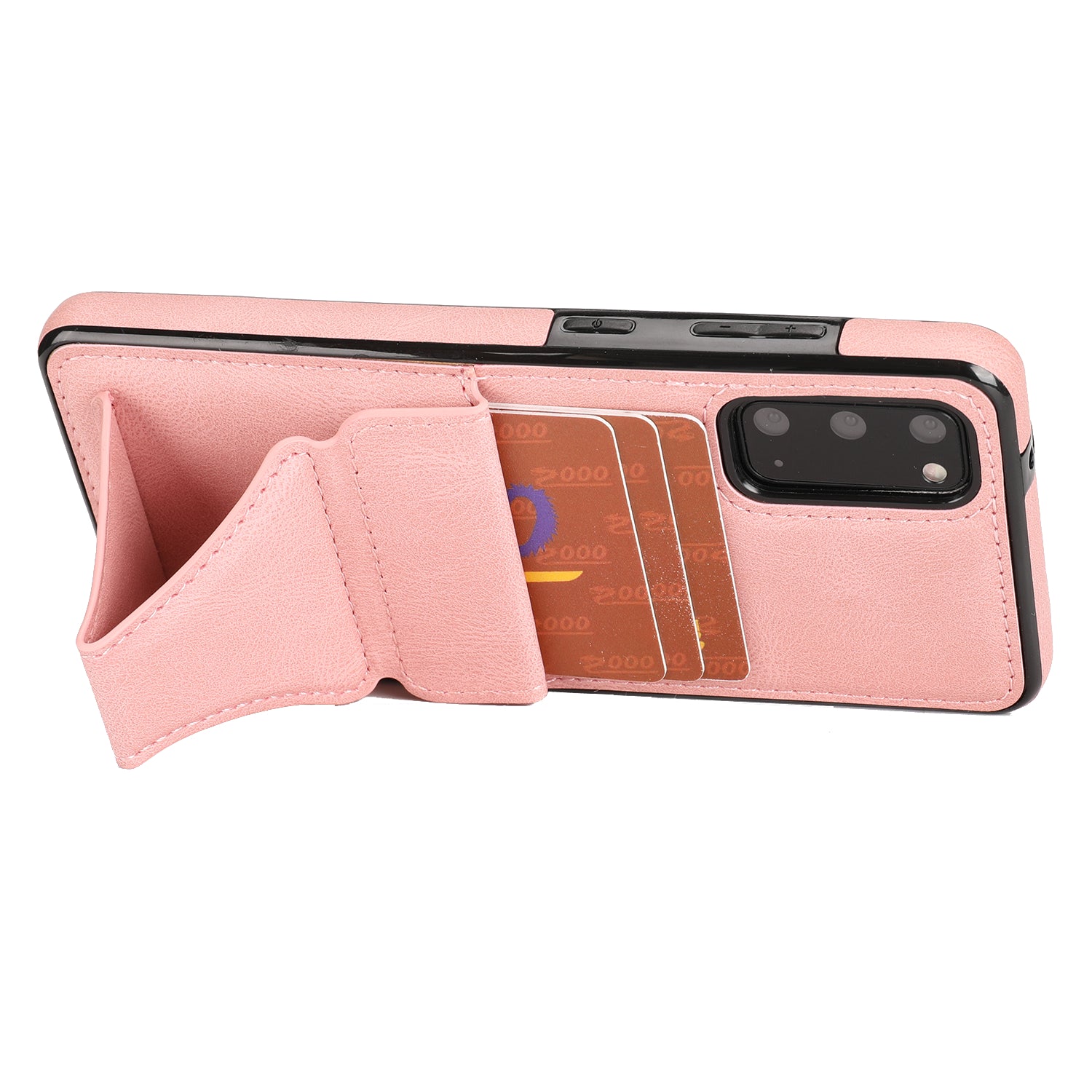 PU Leather Coated TPU Hybrid Phone Case Cover with Kickstand and Card Holder for Samsung Galaxy S20 FE 2022/S20 FE 4G/S20 FE 5G/S20 Lite - Pink