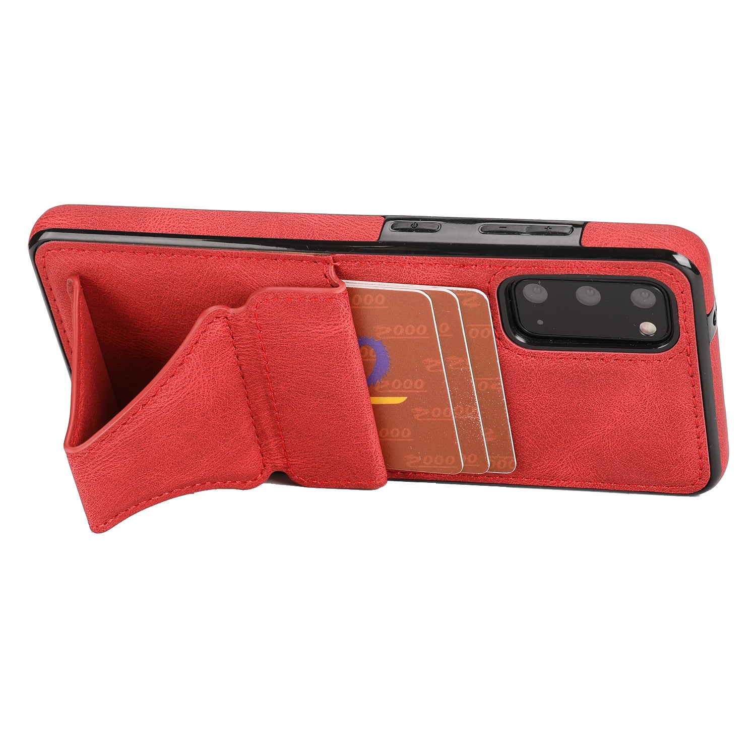 PU Leather Coated TPU Hybrid Phone Case Cover with Kickstand and Card Holder for Samsung Galaxy S20 FE 2022/S20 FE 4G/S20 FE 5G/S20 Lite - Red