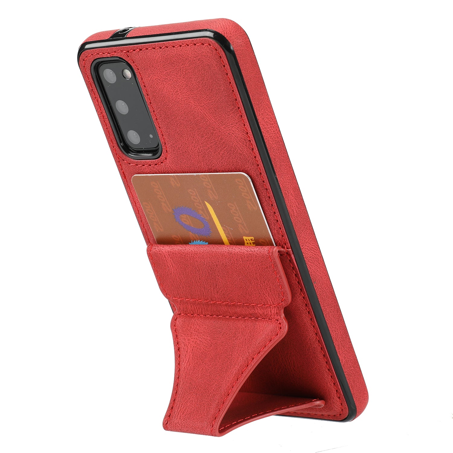 PU Leather Coated TPU Hybrid Phone Case Cover with Kickstand and Card Holder for Samsung Galaxy S20 FE 2022/S20 FE 4G/S20 FE 5G/S20 Lite - Red