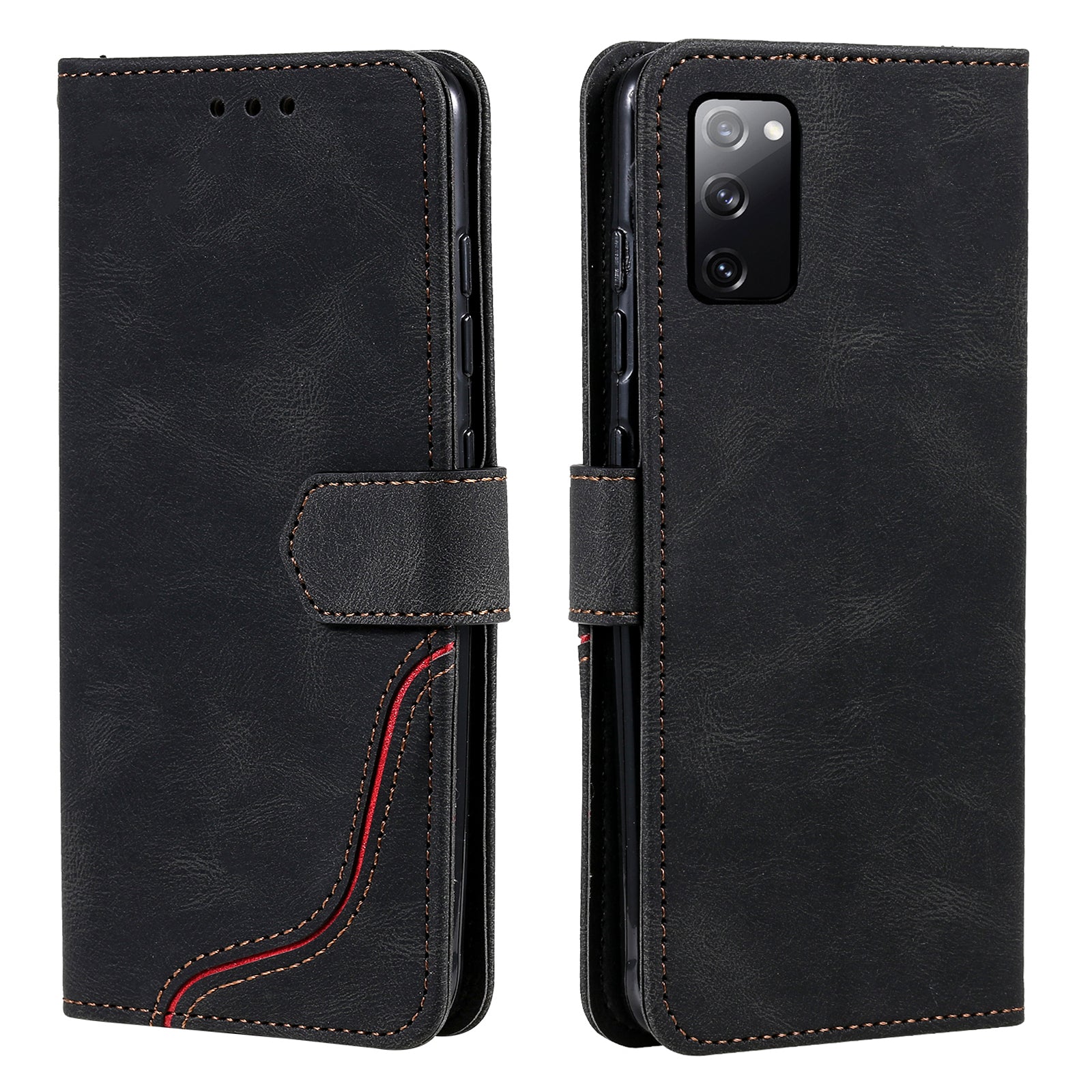 Skin-Feel Tri-Color Splicing PU Leather Wallet Phone Case Stand Cover for Samsung Galaxy S20 FE 2022/S20 FE 4G/S20 FE 5G/S20 Lite - Black