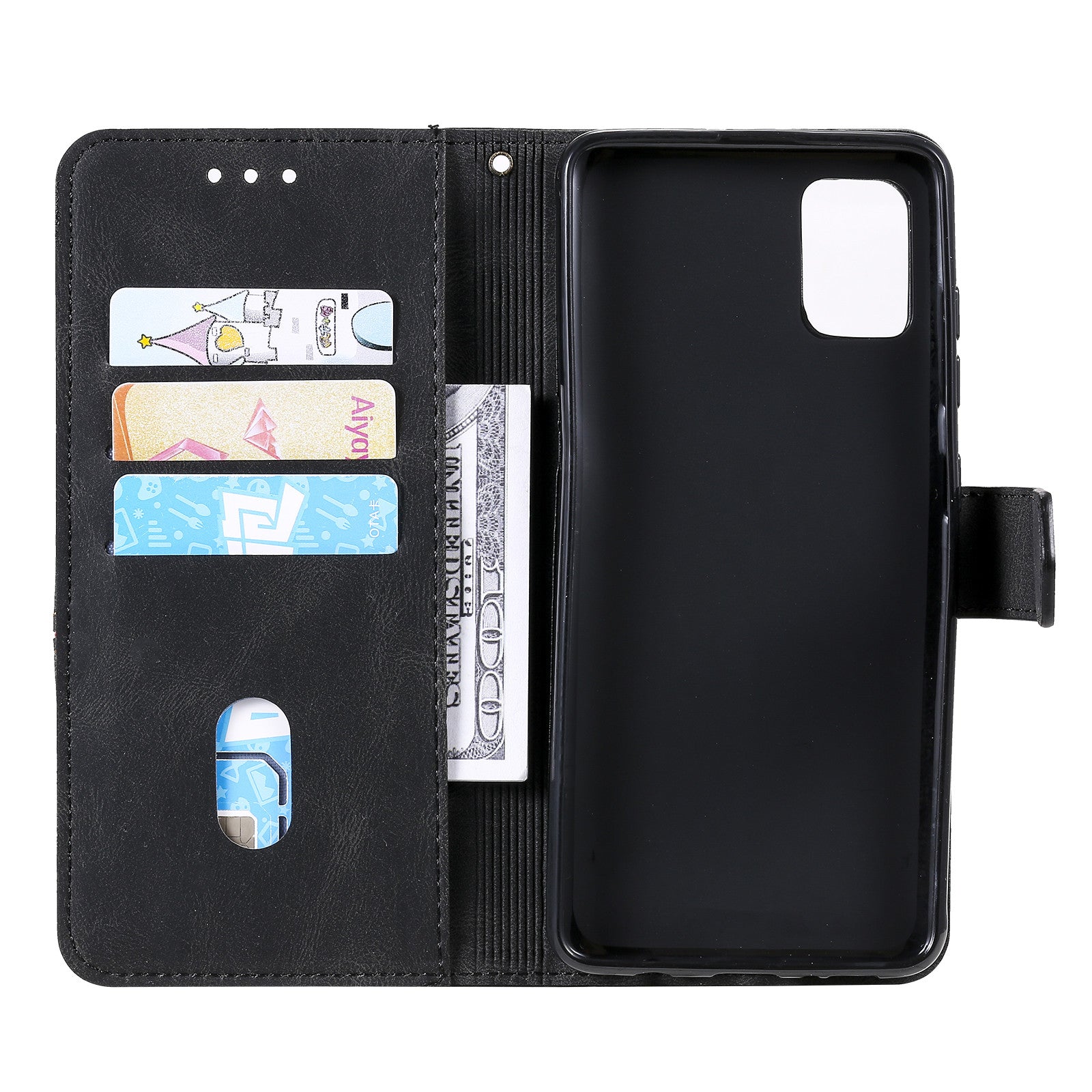 Skin-Feel Tri-Color Splicing PU Leather Wallet Phone Case Stand Cover for Samsung Galaxy S20 FE 2022/S20 FE 4G/S20 FE 5G/S20 Lite - Black