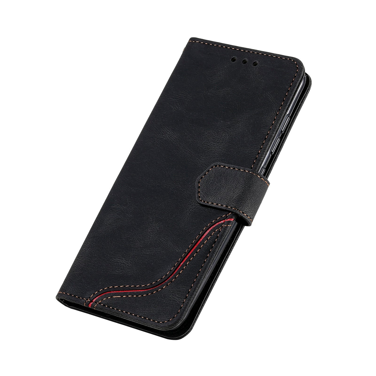 Skin-Feel Tri-Color Splicing PU Leather Wallet Phone Case Stand Cover for Samsung Galaxy S20 FE 2022/S20 FE 4G/S20 FE 5G/S20 Lite - Black