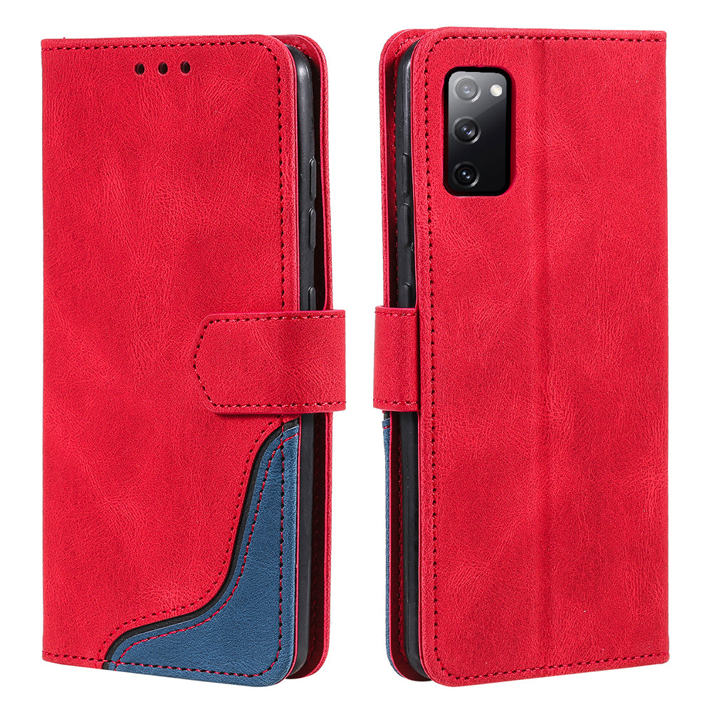 Skin-Feel Tri-Color Splicing PU Leather Wallet Phone Case Stand Cover for Samsung Galaxy S20 FE 2022/S20 FE 4G/S20 FE 5G/S20 Lite - Red