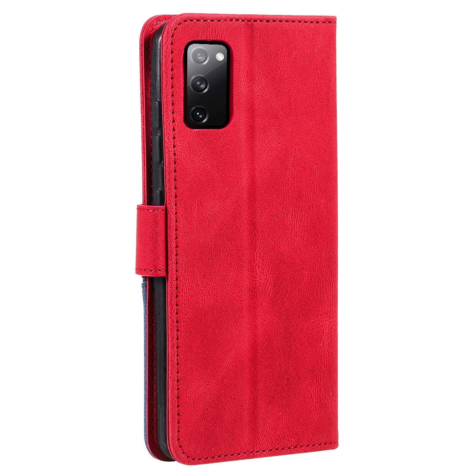 Skin-Feel Tri-Color Splicing PU Leather Wallet Phone Case Stand Cover for Samsung Galaxy S20 FE 2022/S20 FE 4G/S20 FE 5G/S20 Lite - Red