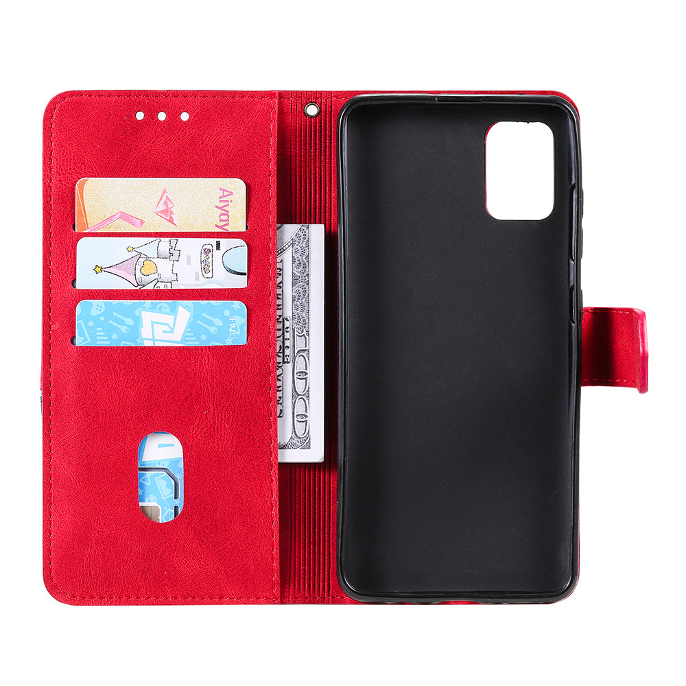 Skin-Feel Tri-Color Splicing PU Leather Wallet Phone Case Stand Cover for Samsung Galaxy S20 FE 2022/S20 FE 4G/S20 FE 5G/S20 Lite - Red