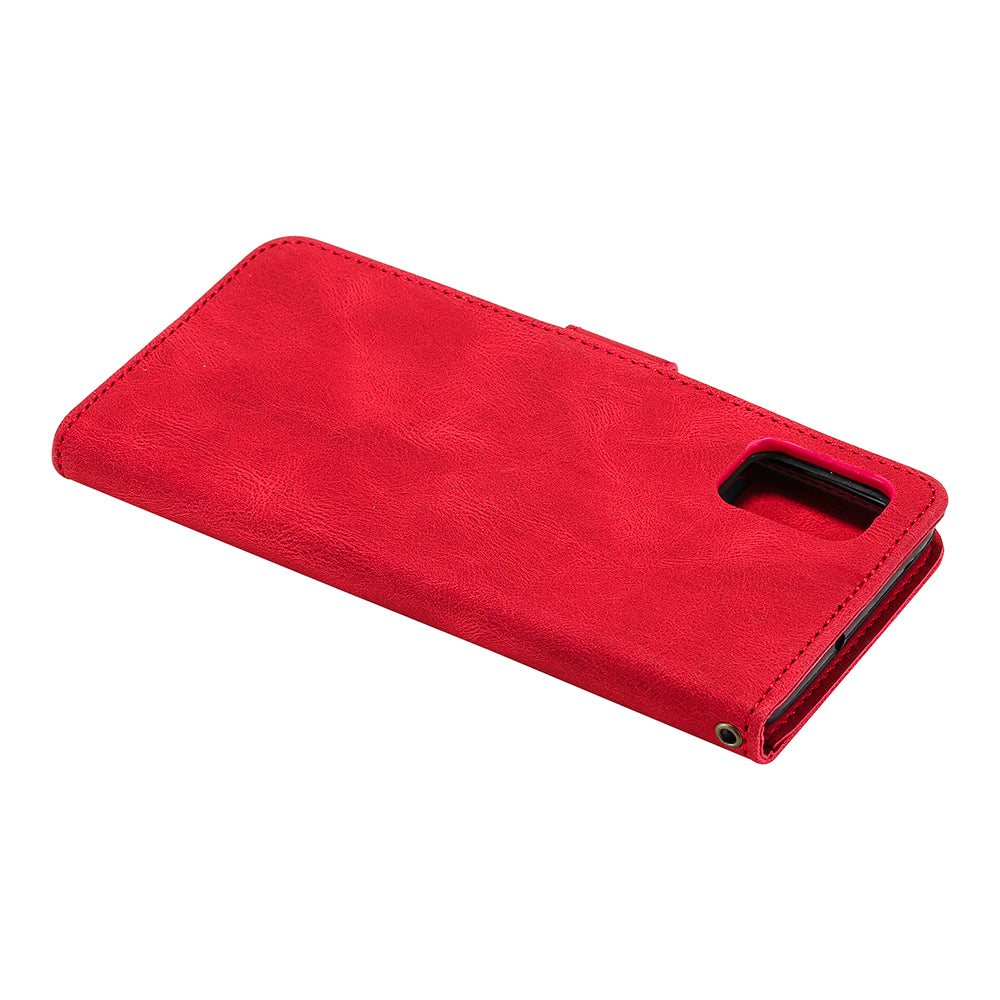 Skin-Feel Tri-Color Splicing PU Leather Wallet Phone Case Stand Cover for Samsung Galaxy S20 FE 2022/S20 FE 4G/S20 FE 5G/S20 Lite - Red