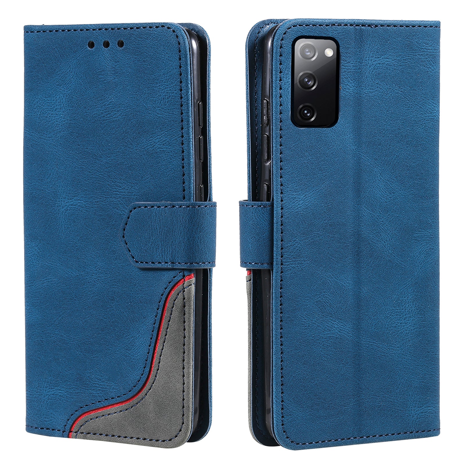 Skin-Feel Tri-Color Splicing PU Leather Wallet Phone Case Stand Cover for Samsung Galaxy S20 FE 2022/S20 FE 4G/S20 FE 5G/S20 Lite - Blue