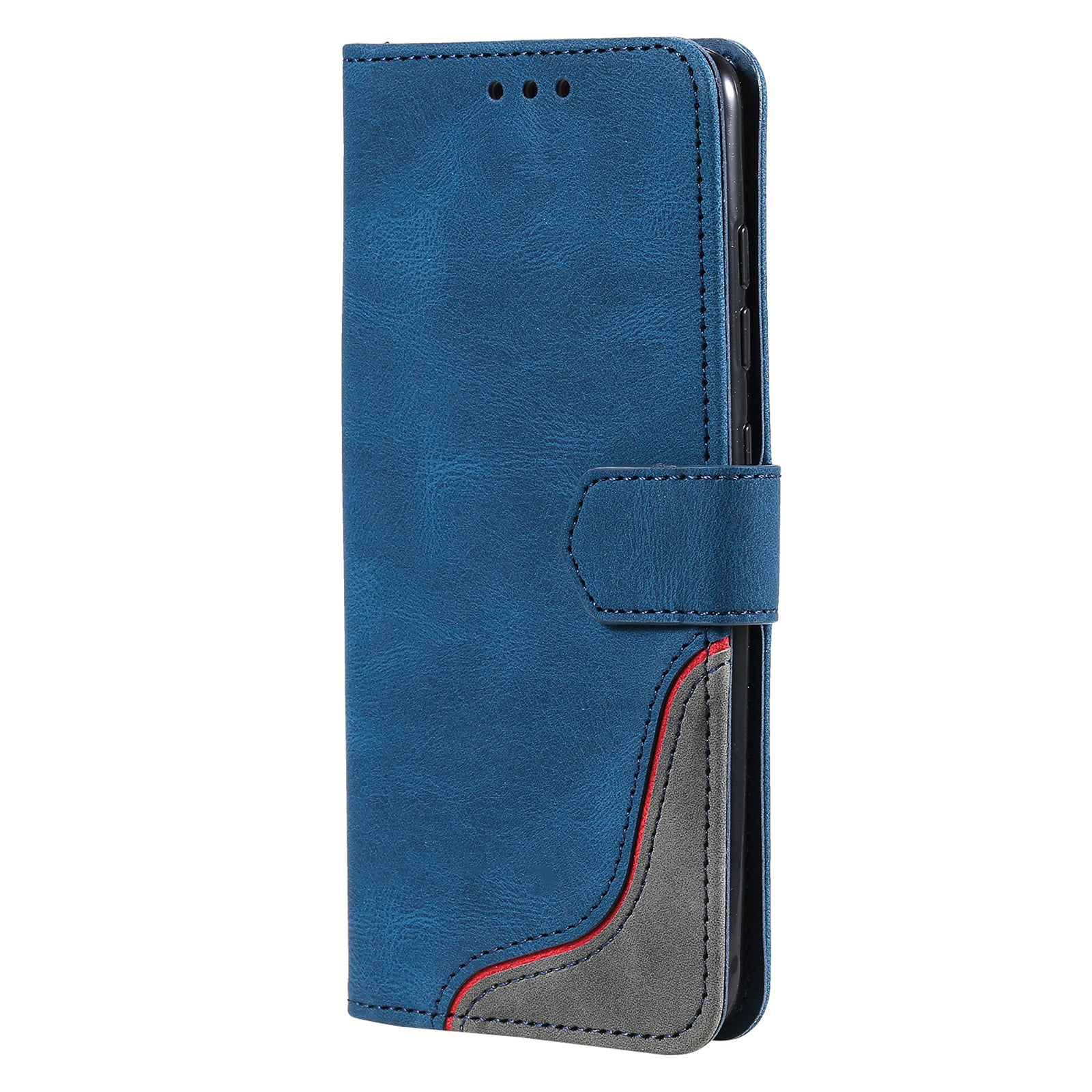 Skin-Feel Tri-Color Splicing PU Leather Wallet Phone Case Stand Cover for Samsung Galaxy S20 FE 2022/S20 FE 4G/S20 FE 5G/S20 Lite - Blue