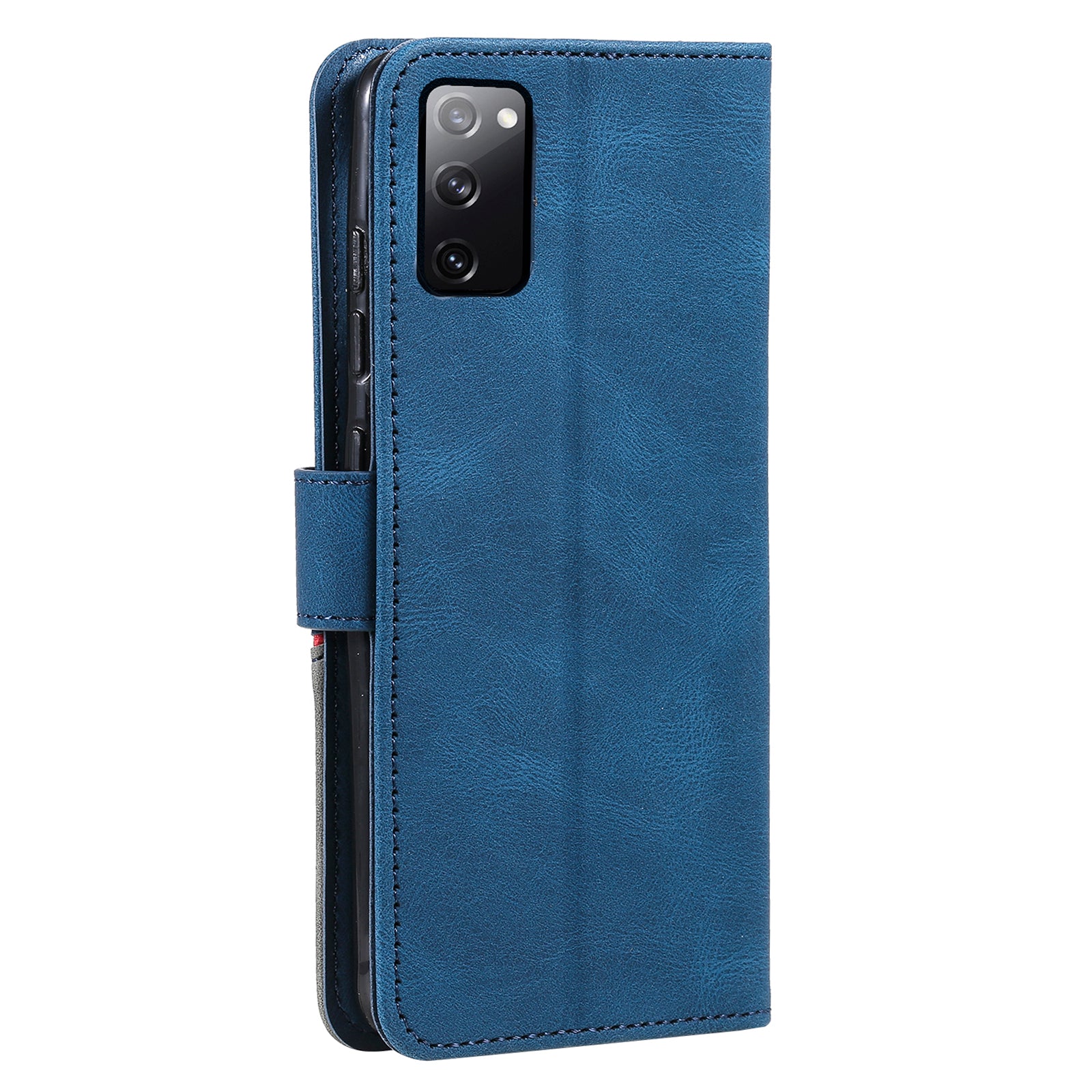 Skin-Feel Tri-Color Splicing PU Leather Wallet Phone Case Stand Cover for Samsung Galaxy S20 FE 2022/S20 FE 4G/S20 FE 5G/S20 Lite - Blue