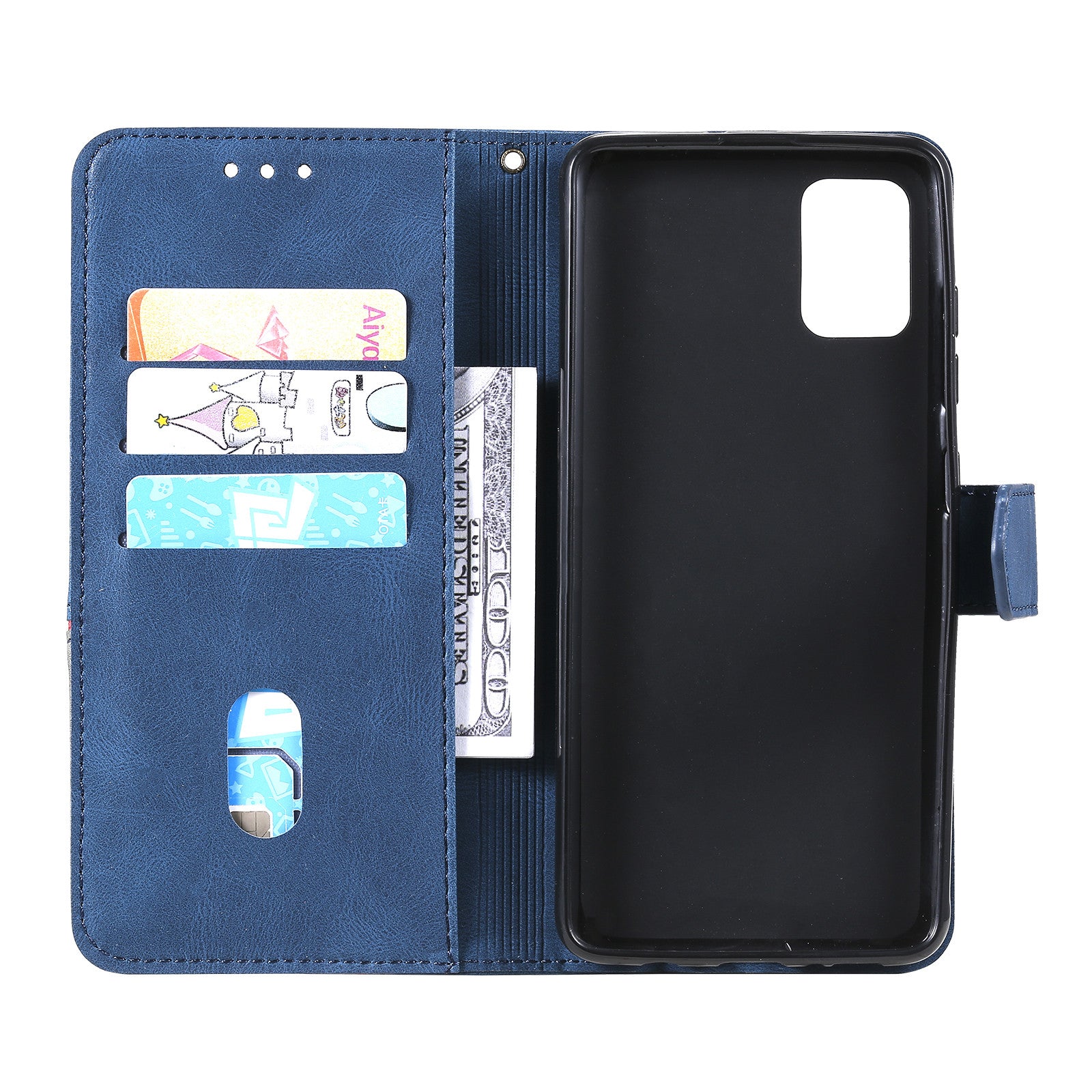 Skin-Feel Tri-Color Splicing PU Leather Wallet Phone Case Stand Cover for Samsung Galaxy S20 FE 2022/S20 FE 4G/S20 FE 5G/S20 Lite - Blue