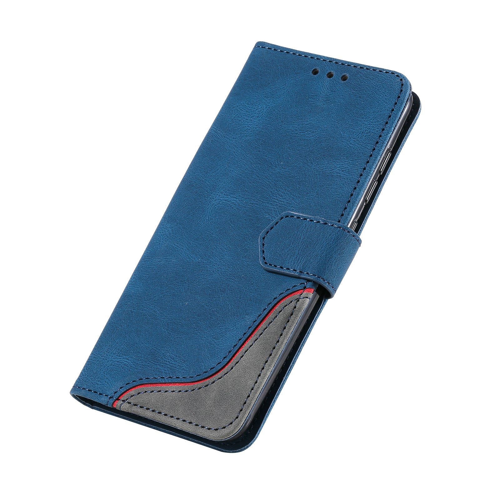 Skin-Feel Tri-Color Splicing PU Leather Wallet Phone Case Stand Cover for Samsung Galaxy S20 FE 2022/S20 FE 4G/S20 FE 5G/S20 Lite - Blue