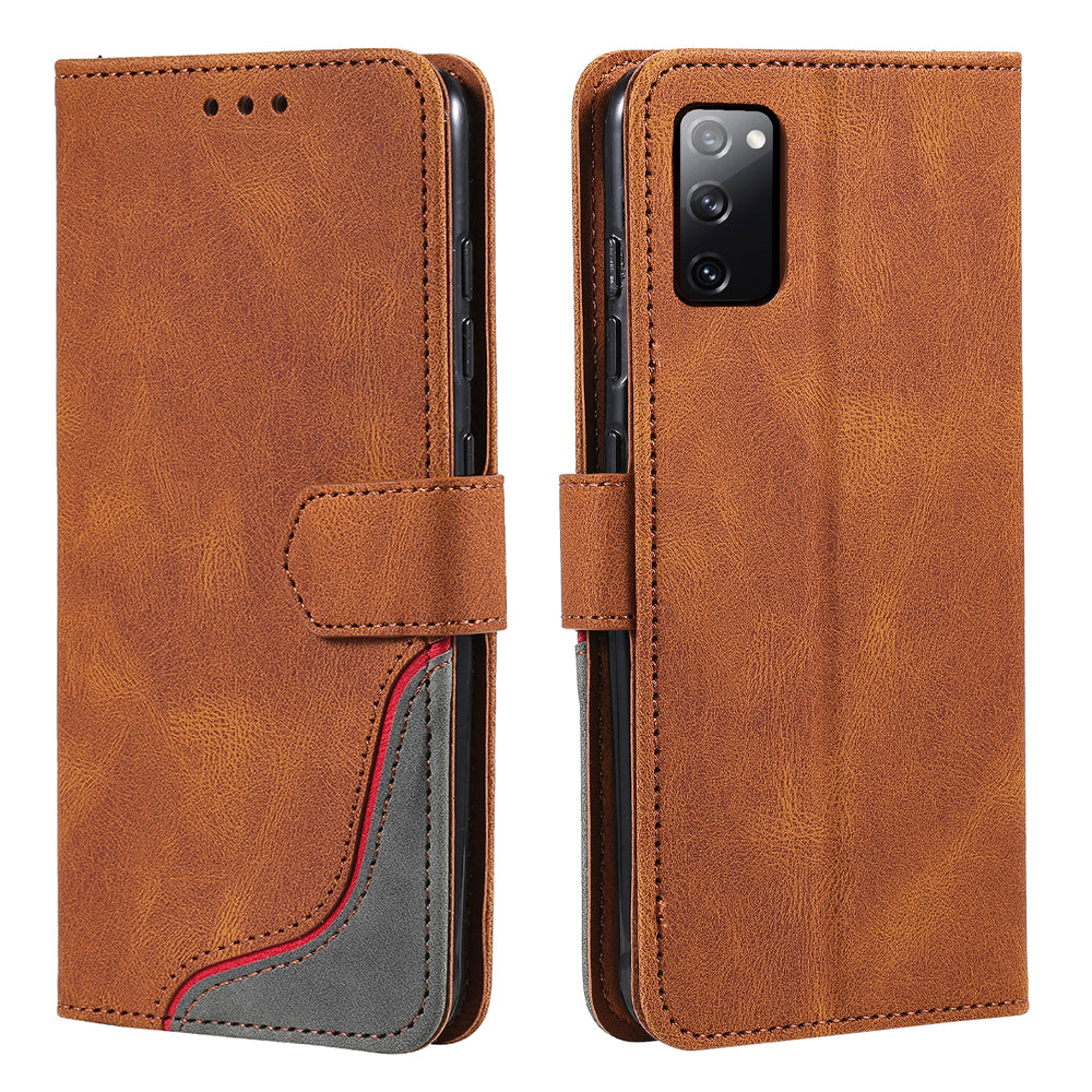 Skin-Feel Tri-Color Splicing PU Leather Wallet Phone Case Stand Cover for Samsung Galaxy S20 FE 2022/S20 FE 4G/S20 FE 5G/S20 Lite - Brown