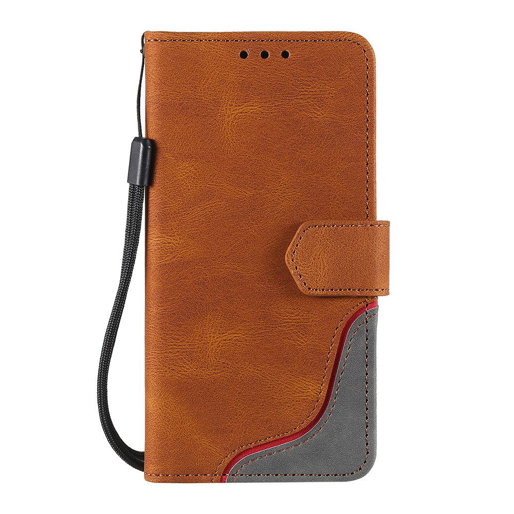 Skin-Feel Tri-Color Splicing PU Leather Wallet Phone Case Stand Cover for Samsung Galaxy S20 FE 2022/S20 FE 4G/S20 FE 5G/S20 Lite - Brown