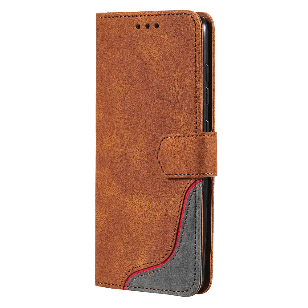 Skin-Feel Tri-Color Splicing PU Leather Wallet Phone Case Stand Cover for Samsung Galaxy S20 FE 2022/S20 FE 4G/S20 FE 5G/S20 Lite - Brown