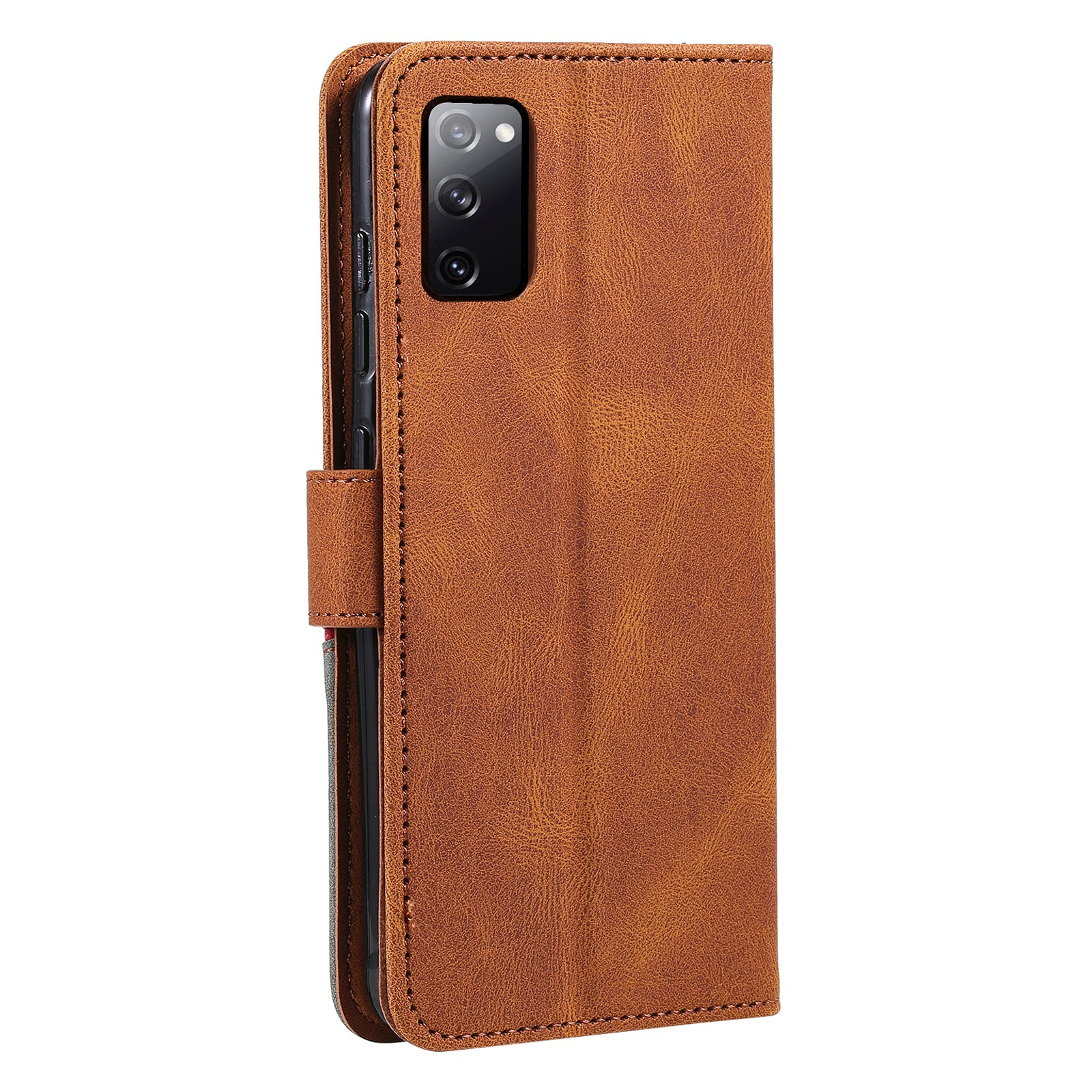 Skin-Feel Tri-Color Splicing PU Leather Wallet Phone Case Stand Cover for Samsung Galaxy S20 FE 2022/S20 FE 4G/S20 FE 5G/S20 Lite - Brown