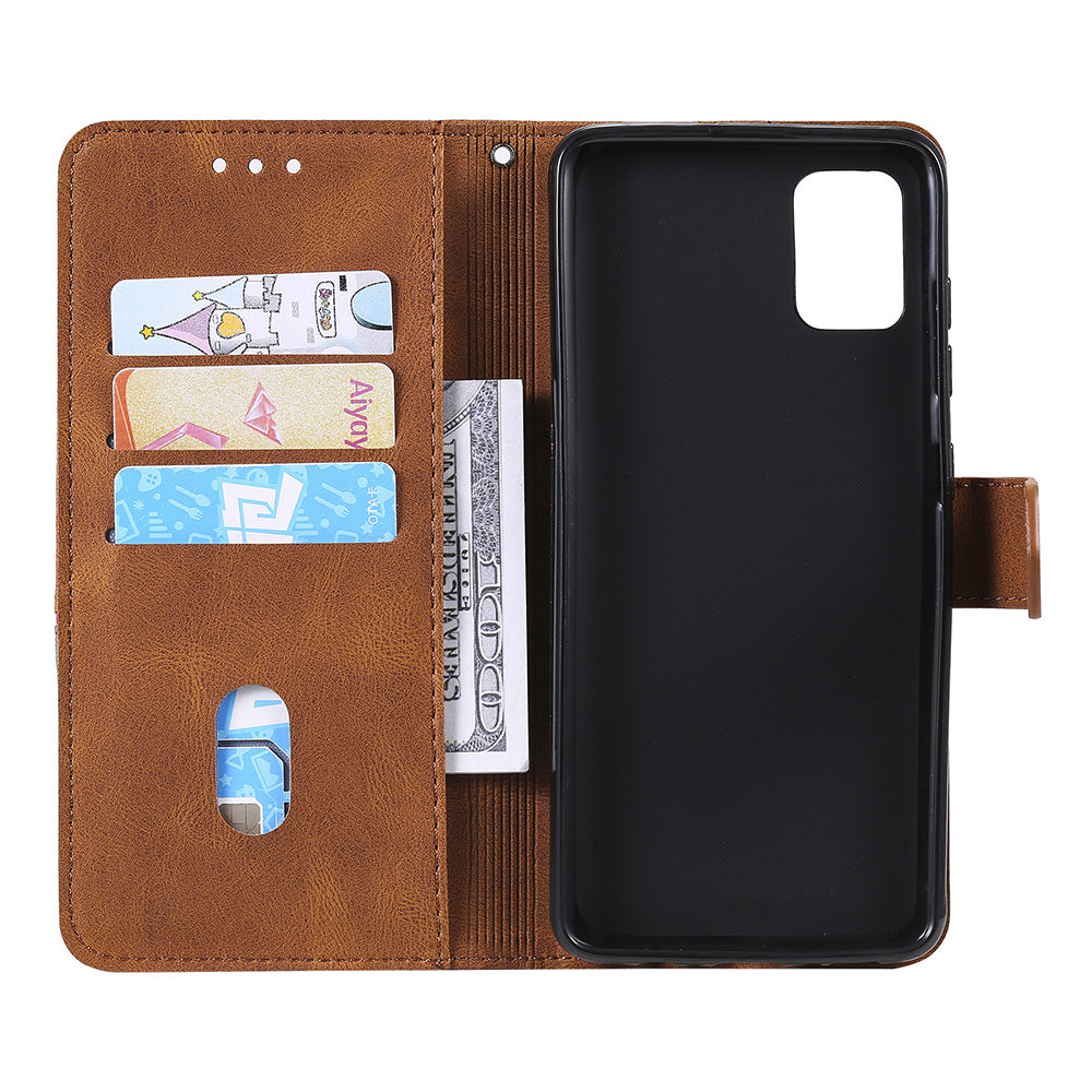 Skin-Feel Tri-Color Splicing PU Leather Wallet Phone Case Stand Cover for Samsung Galaxy S20 FE 2022/S20 FE 4G/S20 FE 5G/S20 Lite - Brown