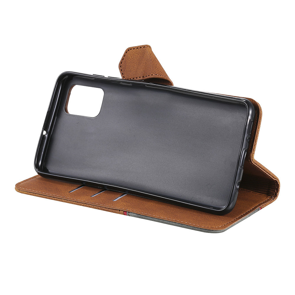 Skin-Feel Tri-Color Splicing PU Leather Wallet Phone Case Stand Cover for Samsung Galaxy S20 FE 2022/S20 FE 4G/S20 FE 5G/S20 Lite - Brown